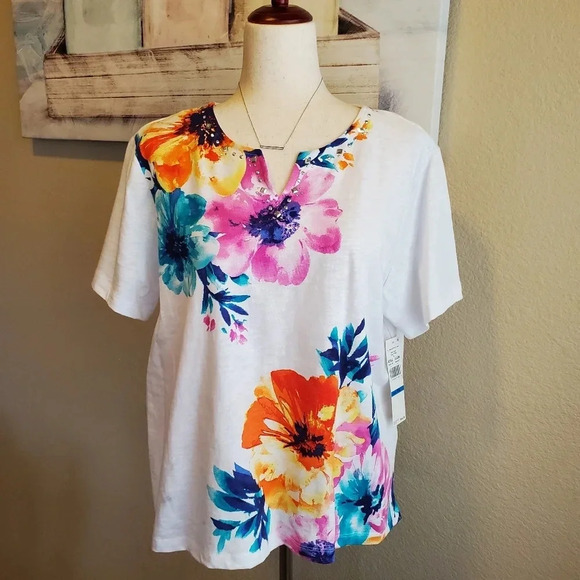 ALFRED DUNNER | Embellished Floral Knit Top sz XLP - Picture 1 of 8